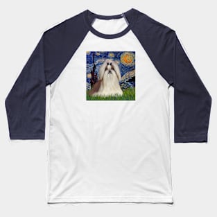 Starry Night (Van Gogh) Adapted to Feature a Long haired Shih Tzu Baseball T-Shirt